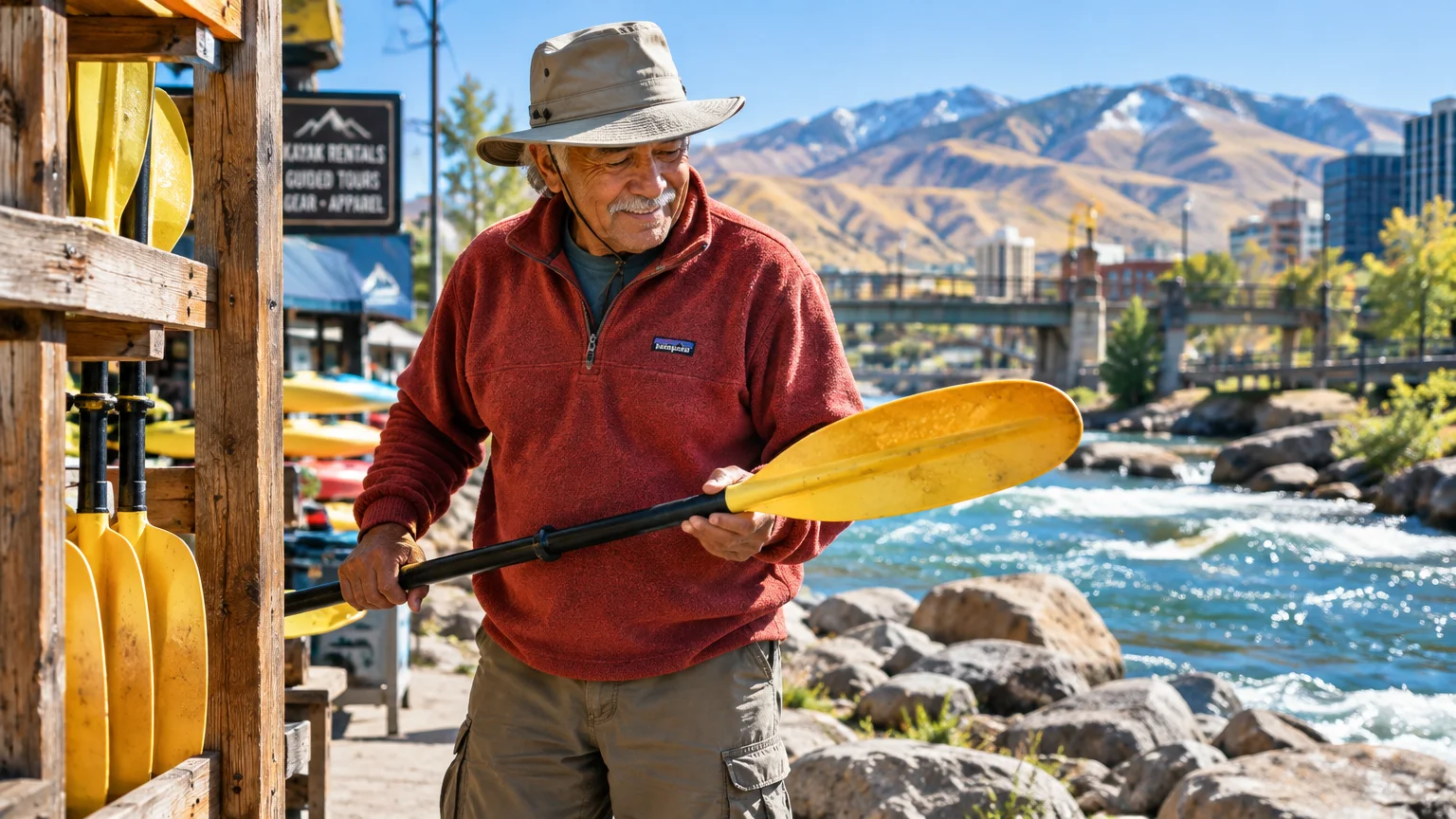 Senior man in a sun hat holding a yellow kayak paddle beside a rushing river against a backdrop of mountains.