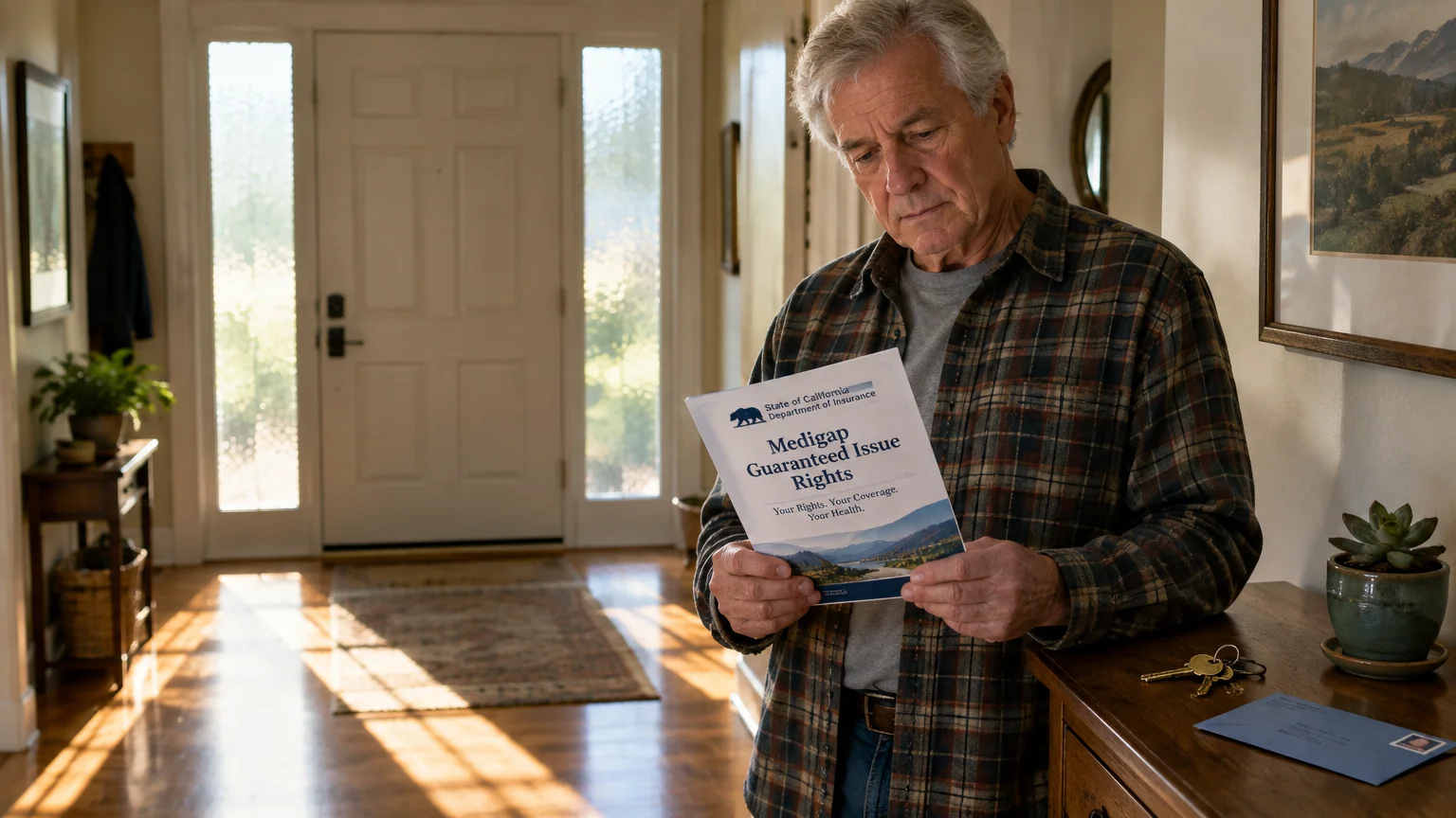 An older man in a plaid shirt stands in an entryway reading a Medigap Guaranteed Issue Rights booklet.