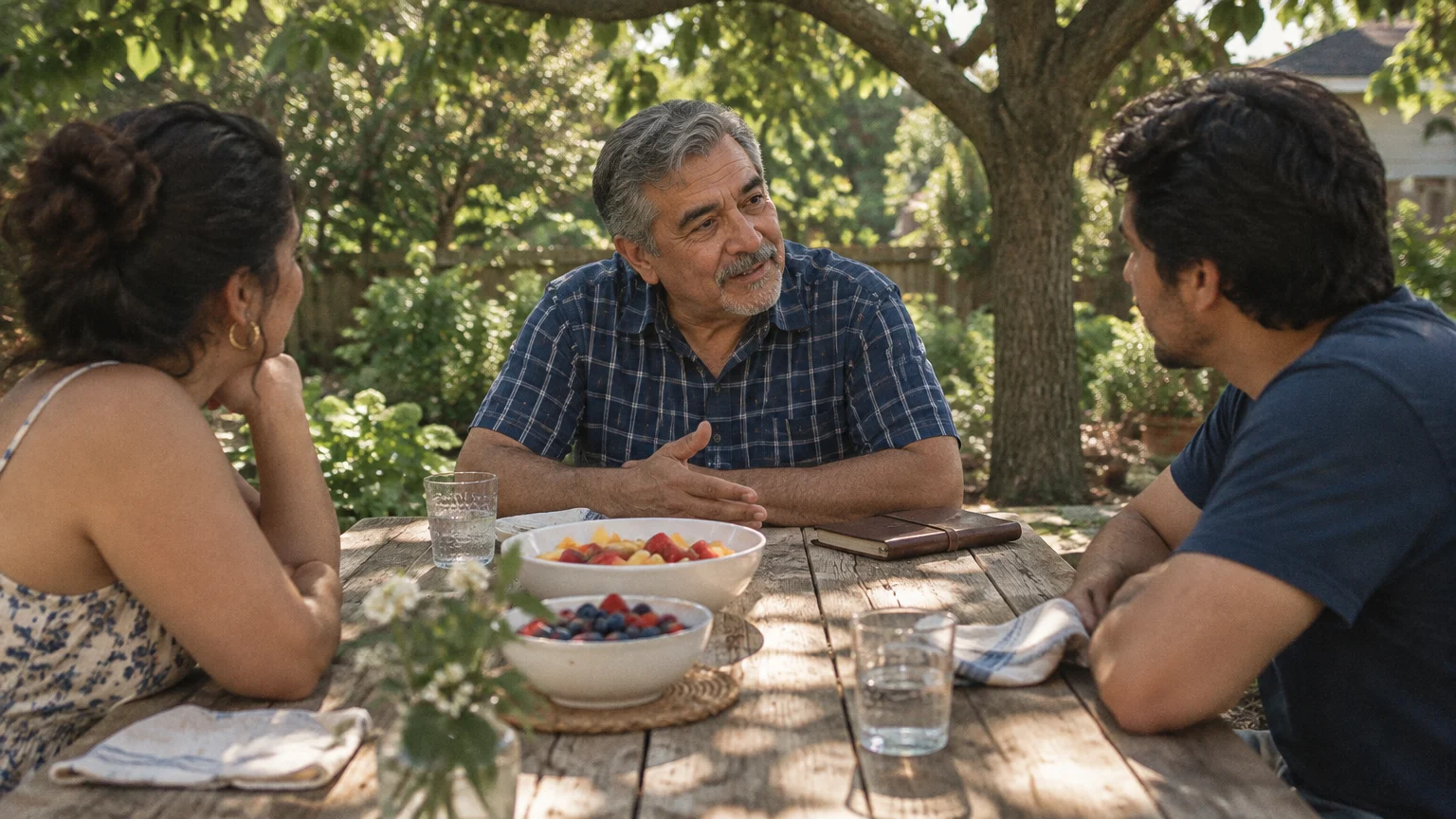 Older man speaking with a young woman and man while seated at a wooden outdoor picnic table with fruit bowls.