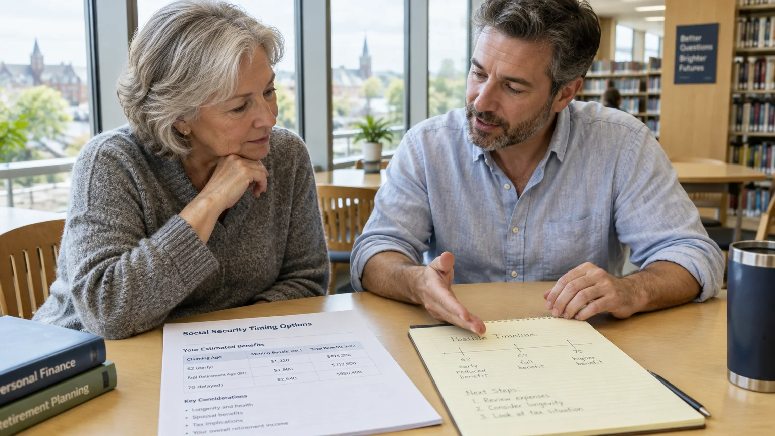 A man and woman review printed Social Security timing options and handwritten notes at a table in a library.