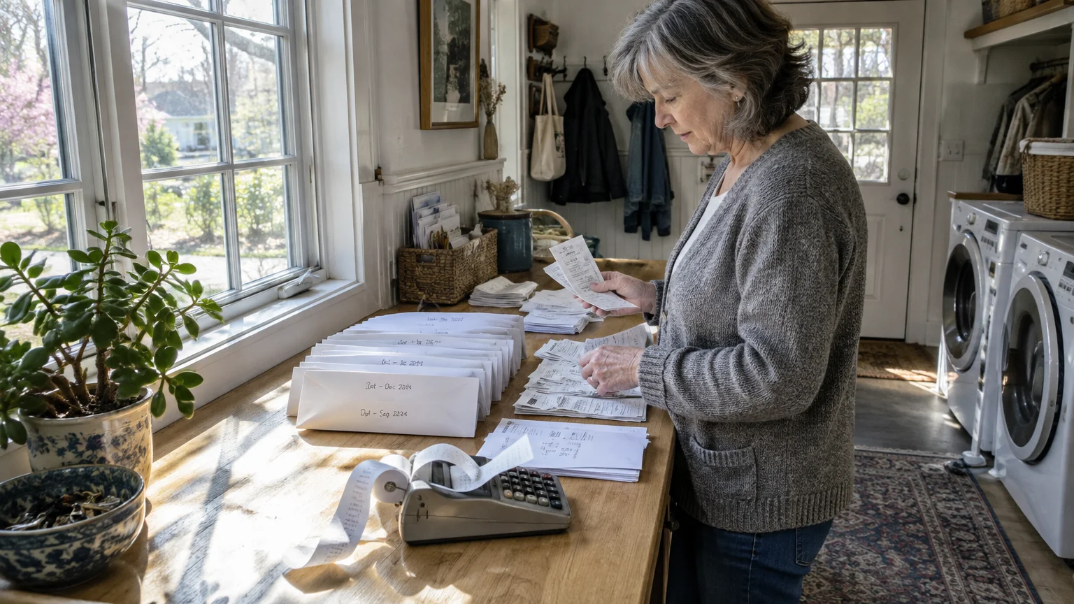A woman stands beside a sunny window sorting through paper receipts and envelopes next to an adding machine.