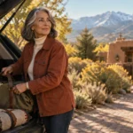 A mature woman in a rust jacket unloads a duffel bag from an SUV trunk outside an adobe home with mountains behind.