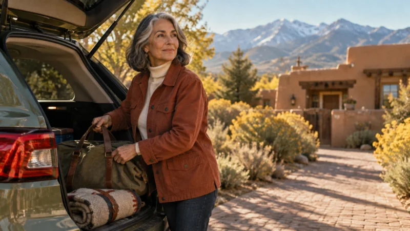 A mature woman in a rust jacket unloads a duffel bag from an SUV trunk outside an adobe home with mountains behind.