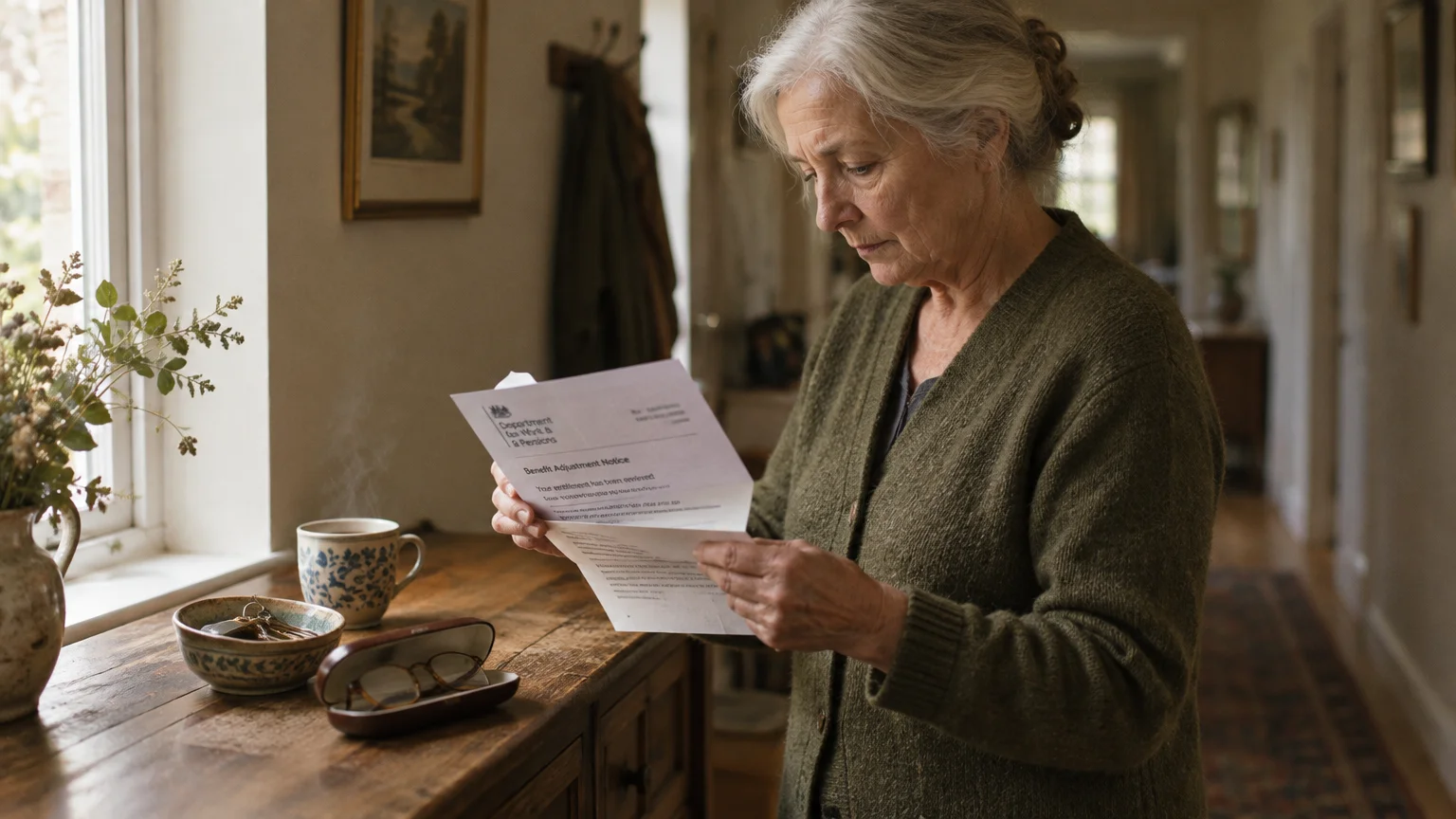 Older woman with gray hair standing indoors reading a letter near a wooden sideboard and a steaming mug.
