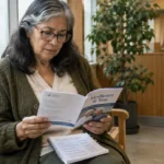 Older woman wearing glasses seated on a wooden bench, reading a Medicare & You booklet with a budget notepad on her lap.