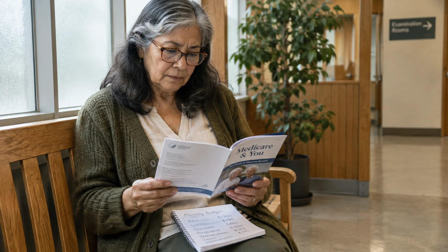 Older woman wearing glasses seated on a wooden bench, reading a Medicare & You booklet with a budget notepad on her lap.
