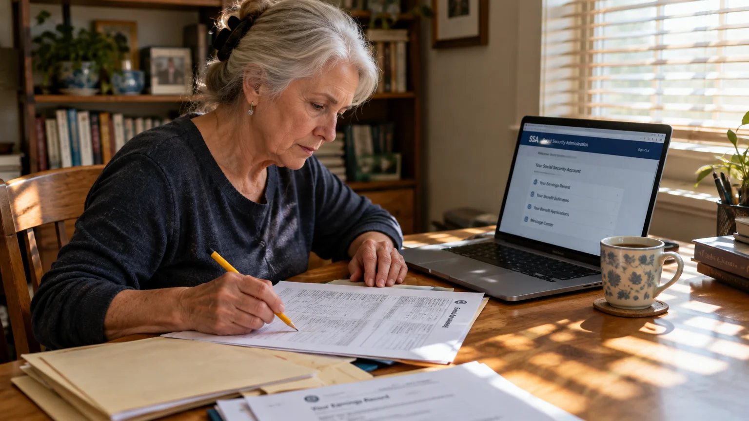 Woman reviewing paperwork with a pencil beside a laptop displaying the Social Security Administration website.