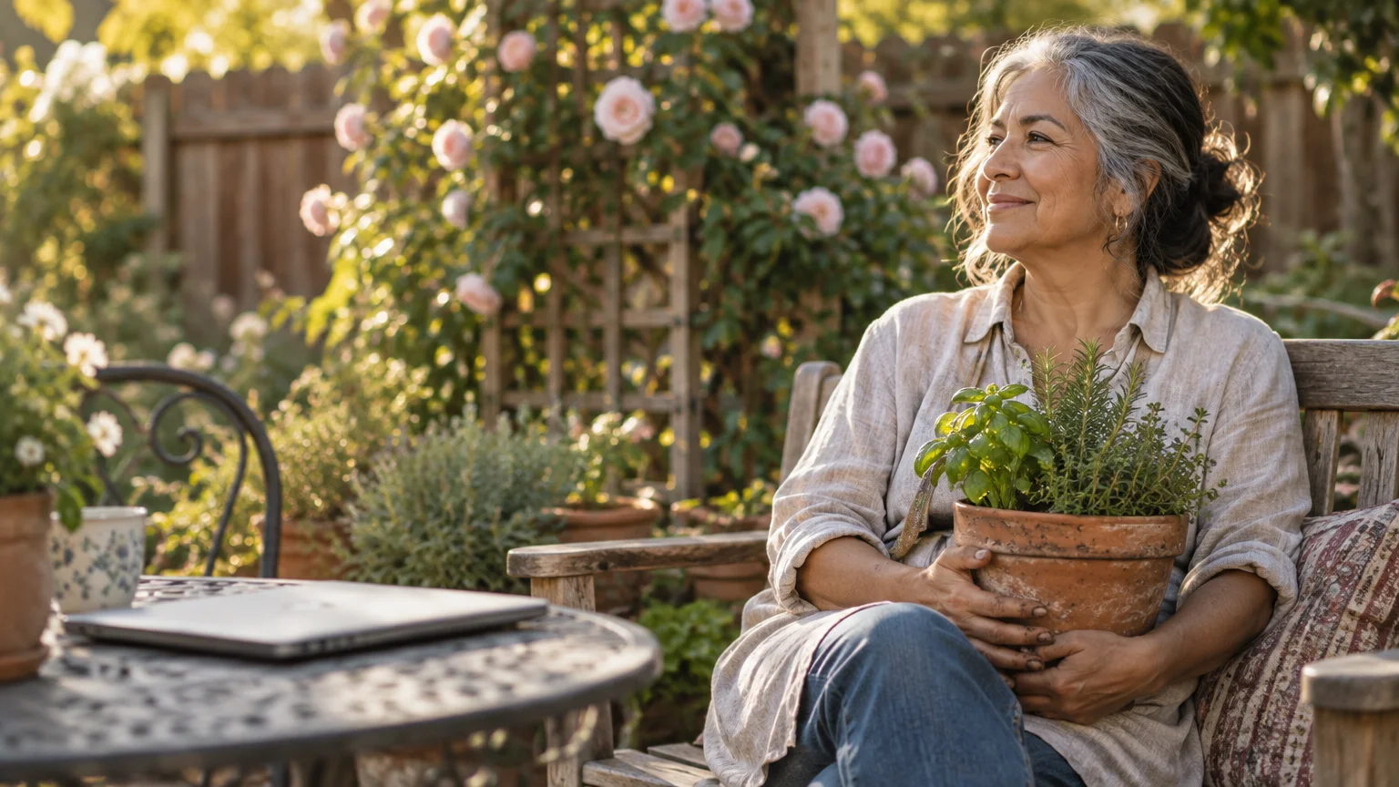 Smiling mature woman sitting on an outdoor garden bench holding a potted plant of fresh herbs beside a laptop.