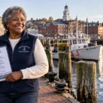 A smiling senior woman holds a harbor tour clipboard while standing on a brick waterfront promenade beside docked boats.