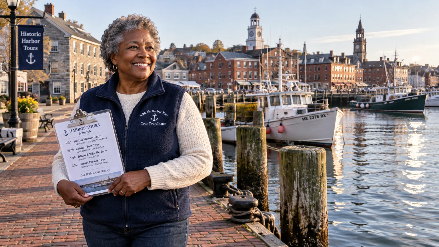 A smiling senior woman holds a harbor tour clipboard while standing on a brick waterfront promenade beside docked boats.