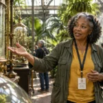 A smiling woman wearing a museum staff docent badge gestures toward a glass display case inside a sunlit botanical conservatory.