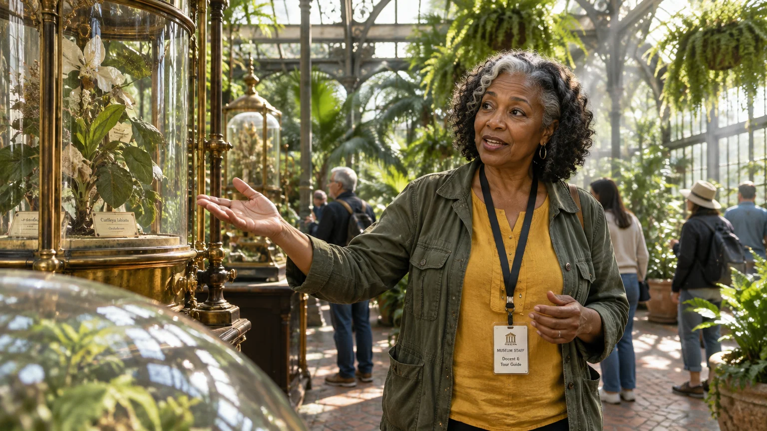 A smiling woman wearing a museum staff docent badge gestures toward a glass display case inside a sunlit botanical conservatory.