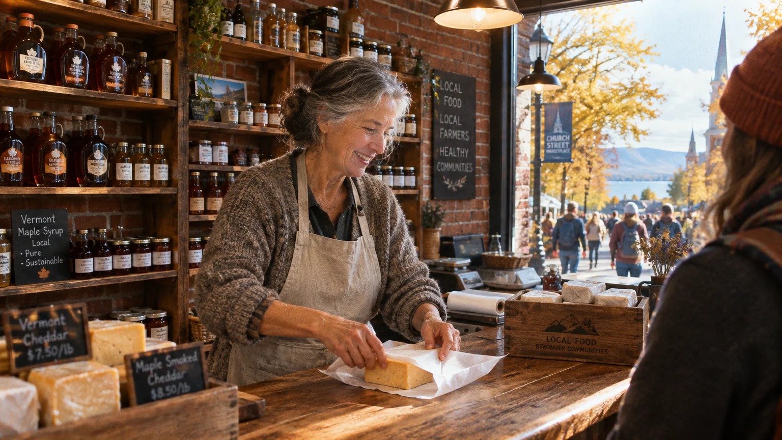 Smiling senior woman wrapping cheese behind a wooden shop counter with maple syrup bottles and autumn street views outside.