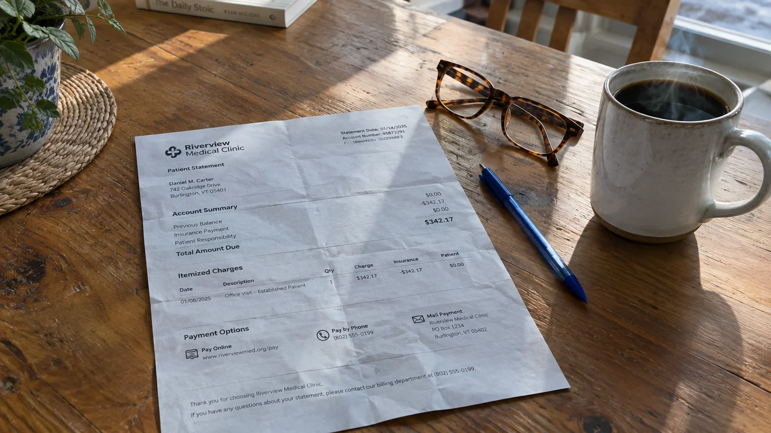 Medical clinic patient statement on a wooden table beside eyeglasses, a blue pen, and a steaming mug of coffee.
