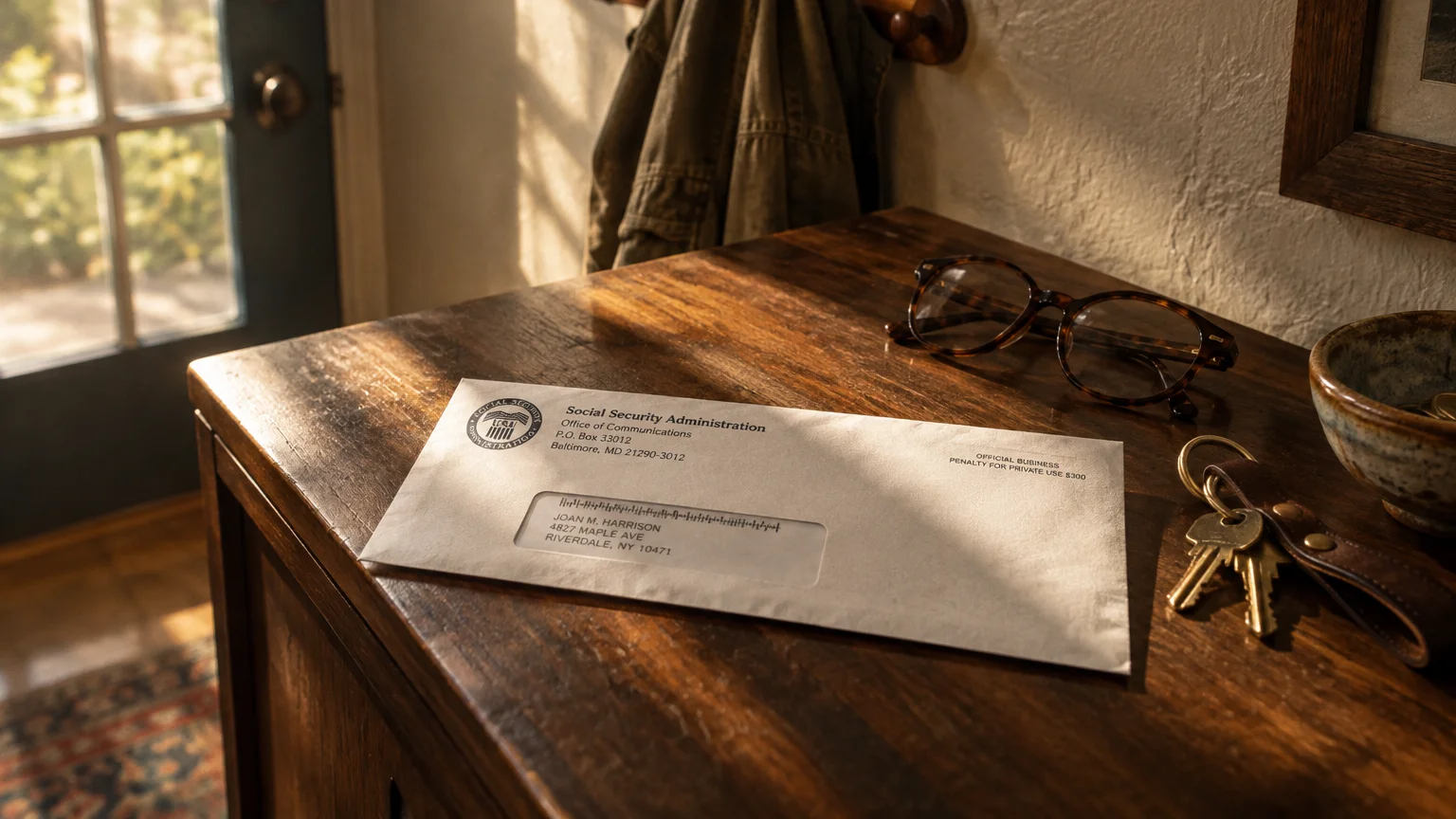 Social Security Administration envelope resting on a wooden entryway table next to eyeglasses and brass keys.