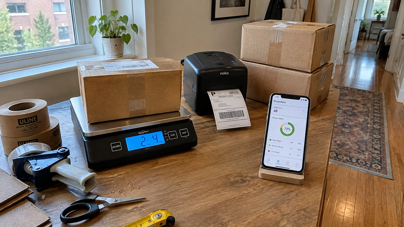 Wooden desk with a digital postal scale weighing a cardboard box, label printer, shipping tape, and smartphone showing inventory.