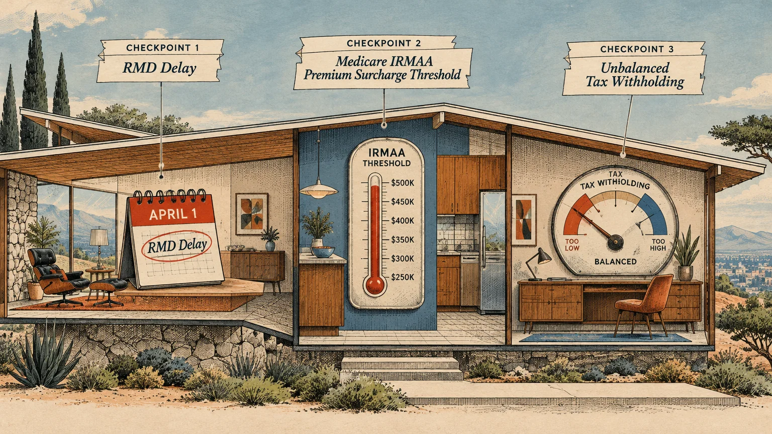 Cutaway of a mid-century modern home with gauges and signs for RMD delay, IRMAA threshold, and tax withholding.