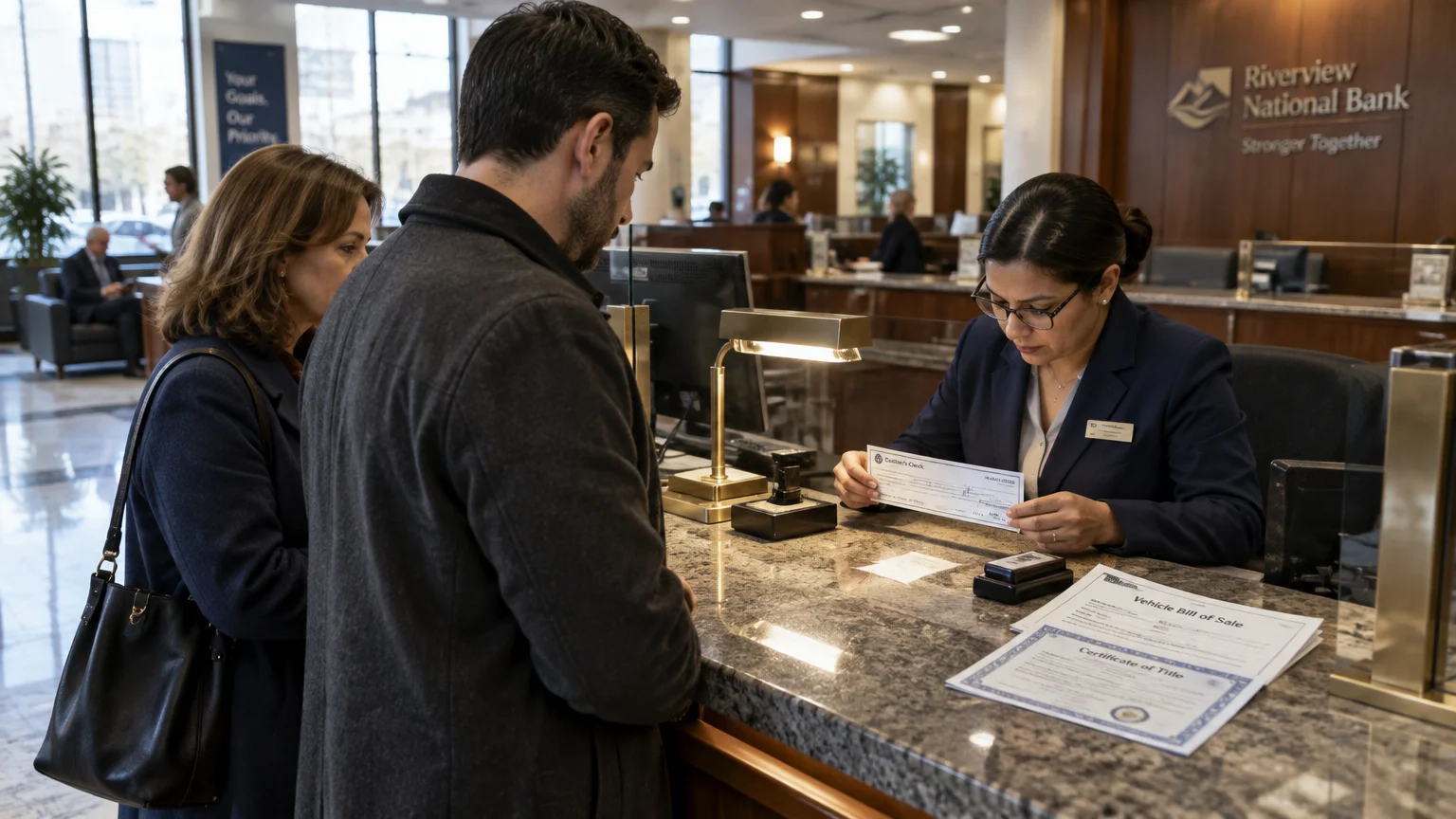 A bank teller examines a cashier's check across a marble counter for a couple with vehicle title documents.