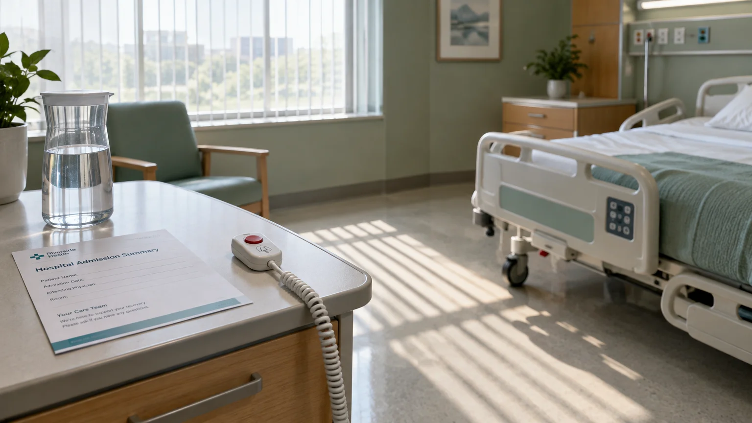 Empty hospital room with an admission summary form, call button, water pitcher, and a bed near a sunny window.