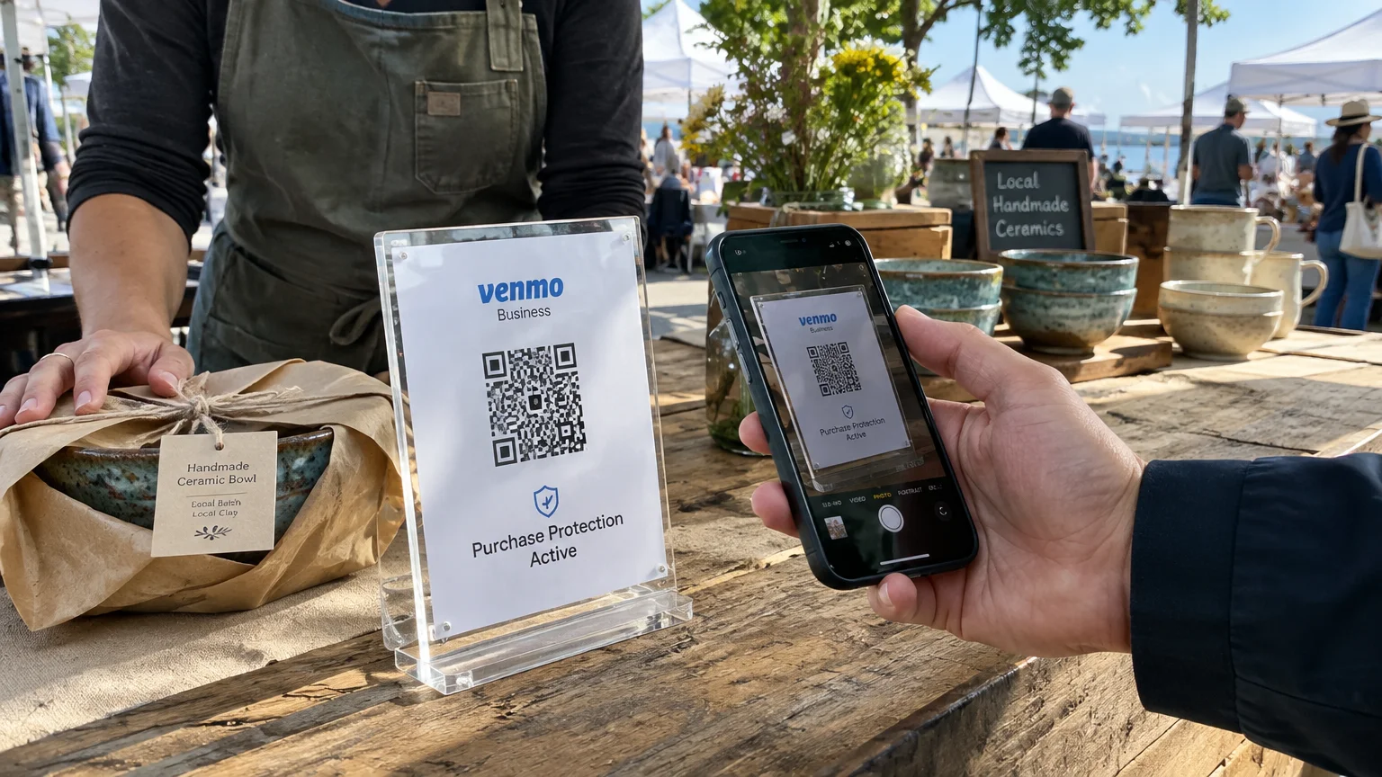 A person scans a Venmo Business QR code on a stand with a smartphone at an outdoor ceramic market stall.