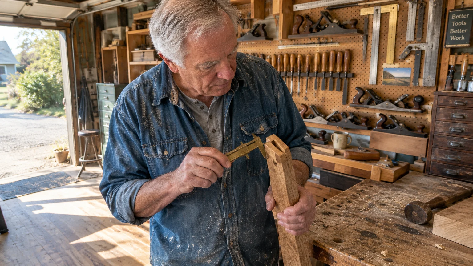 Senior man using brass calipers to measure a wood joint in a sunlit workshop filled with carpentry tools.