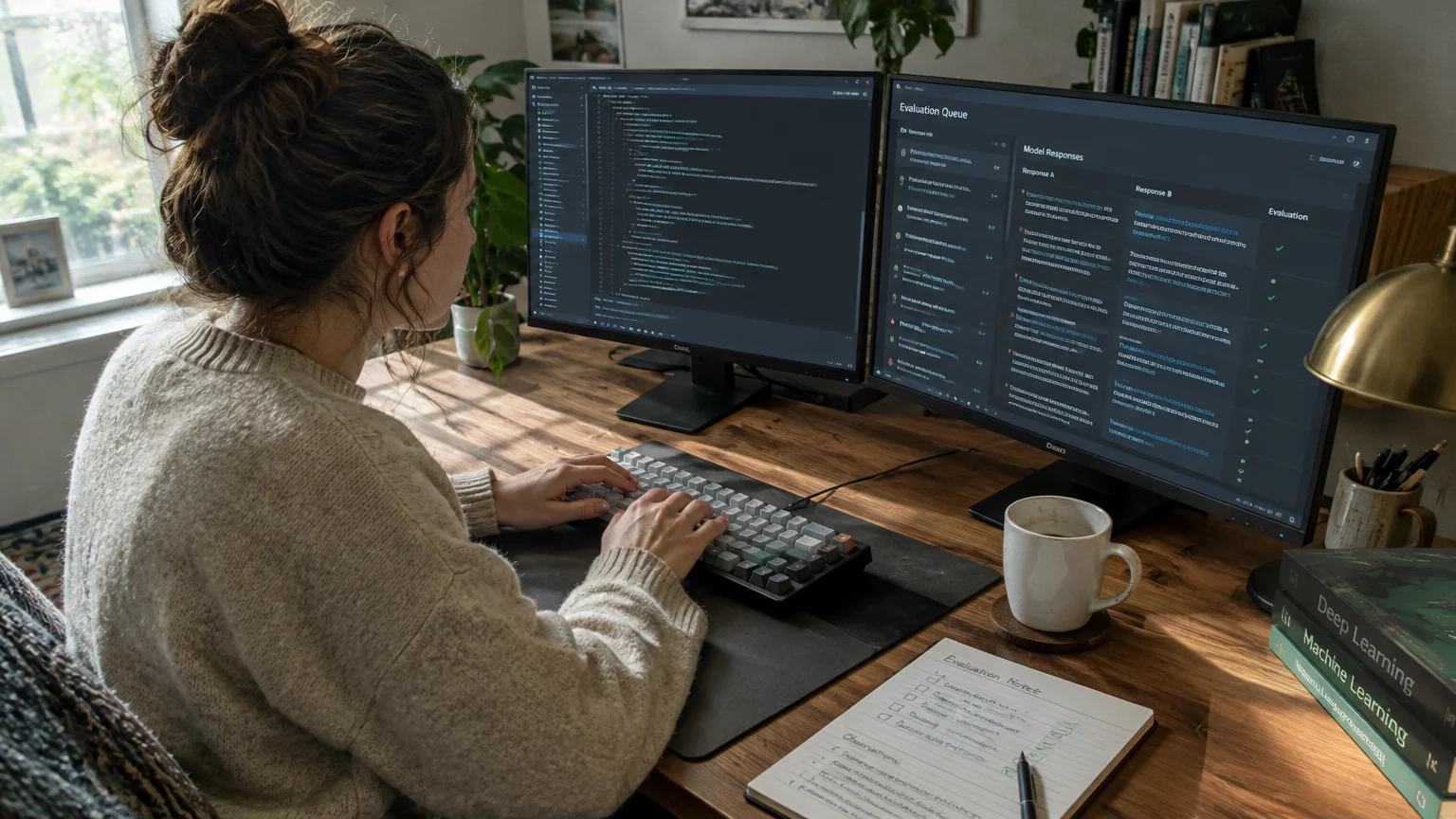 Woman sitting at a wooden desk typing on a keyboard facing dual monitors displaying computer code and an evaluation queue.