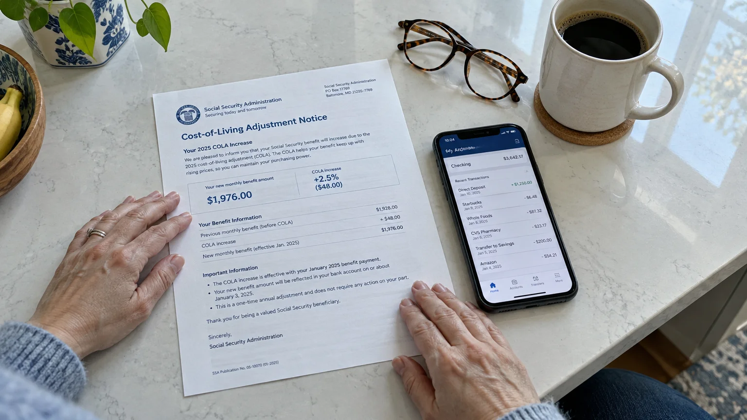 Hands resting beside a printed Social Security COLA notice, eyeglasses, a coffee cup, and a smartphone showing a bank app.