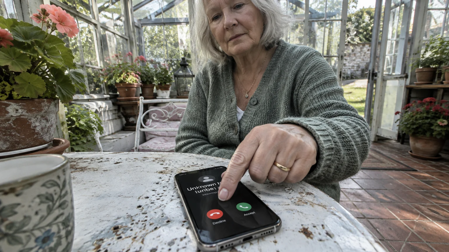 An older woman in a greenhouse prepares to touch the screen of a ringing smartphone showing an unknown caller.