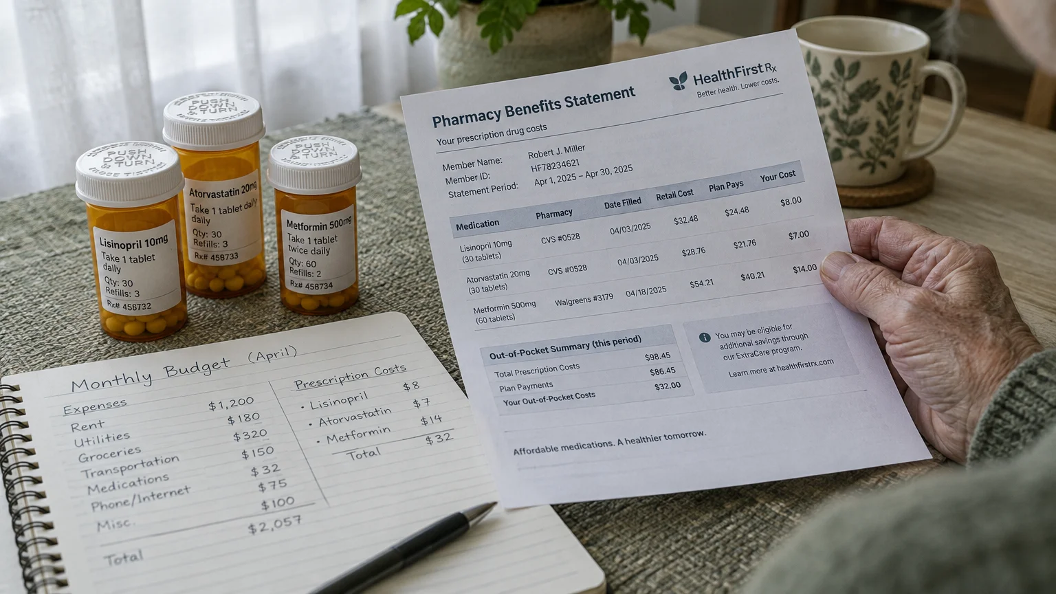 A person holding a pharmacy benefits statement beside three prescription bottles and a handwritten monthly budget notebook.