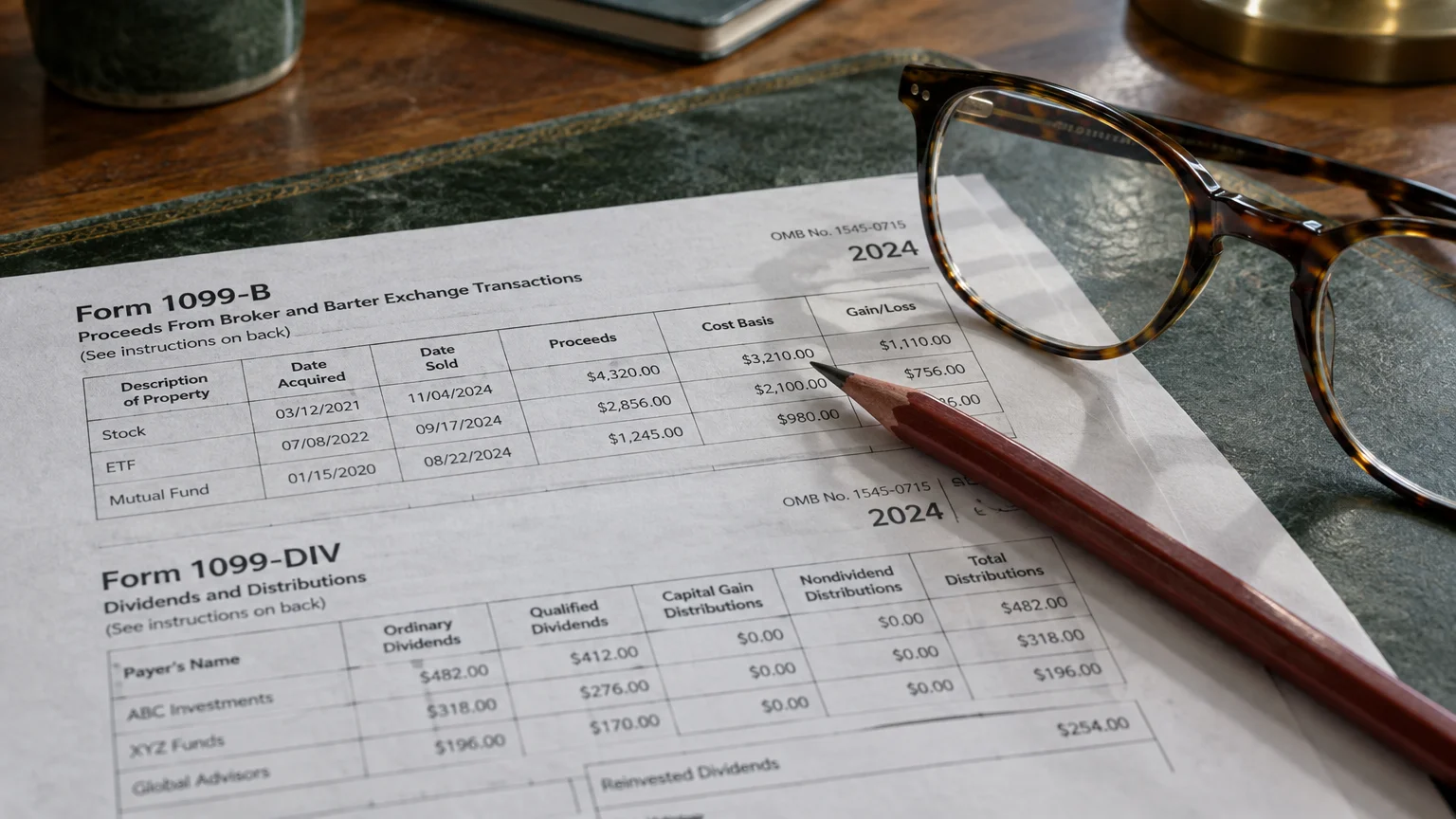 Form 1099-B and Form 1099-DIV tax documents on a desk beside eyeglasses and a red pencil.