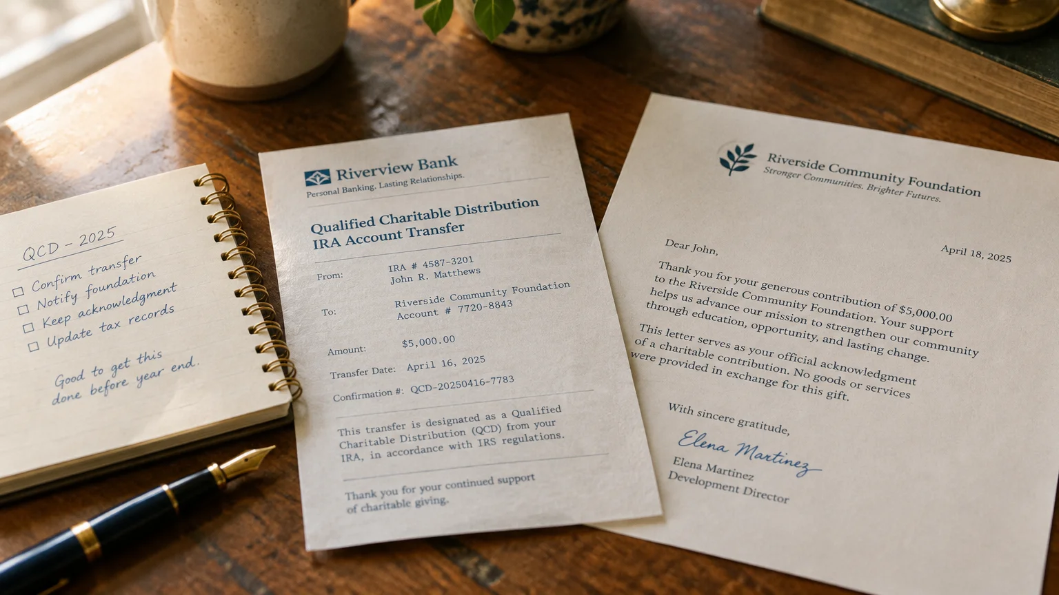 A wooden desk with a notebook, fountain pen, bank transfer receipt for a Qualified Charitable Distribution, and a letter.