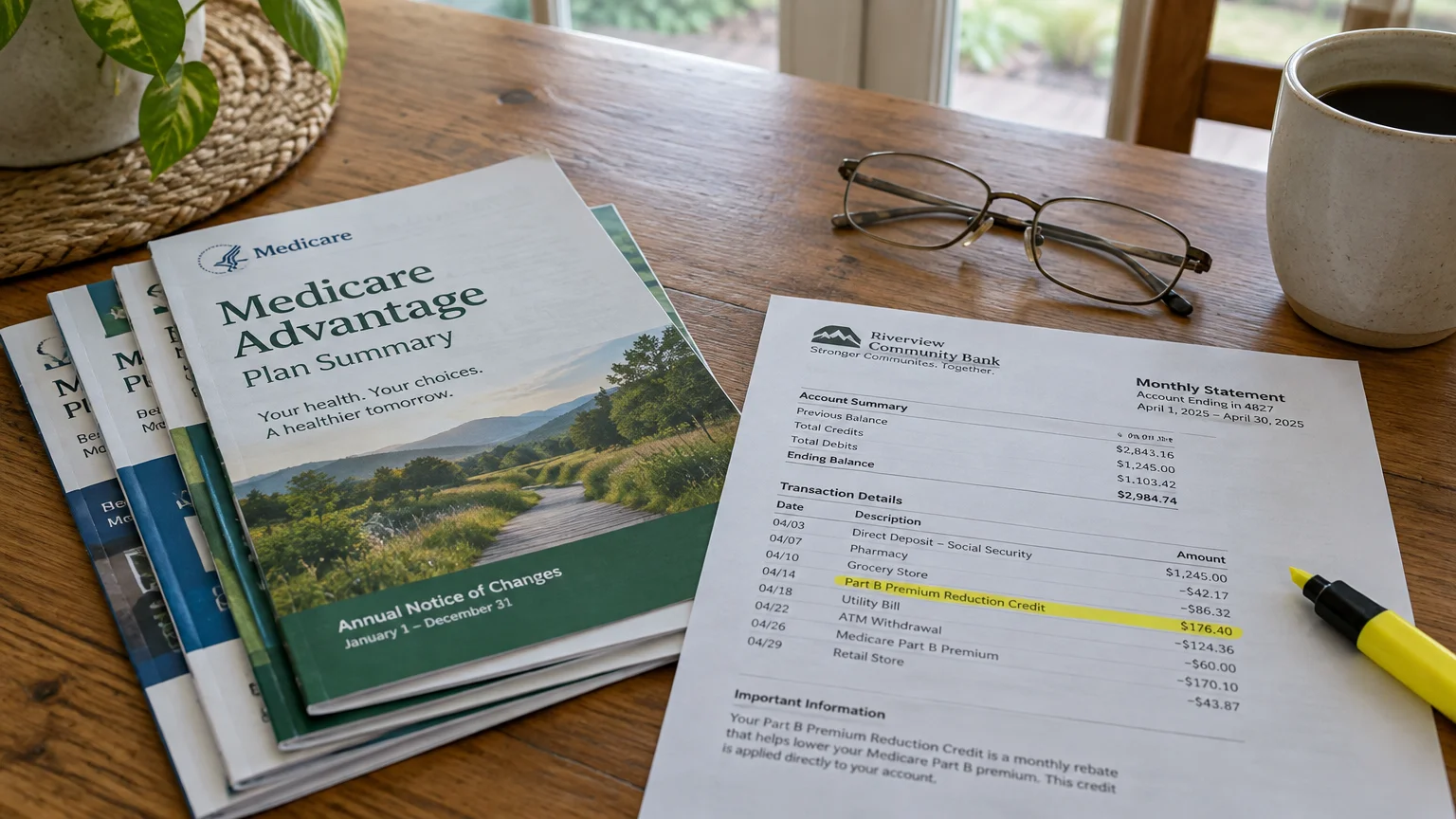 Medicare Advantage booklets, eyeglasses, a coffee mug, and a bank statement highlighting a premium reduction credit.