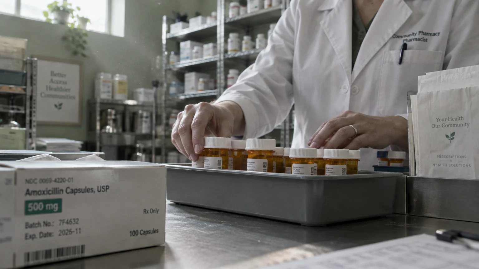 A pharmacist in a white lab coat arranges amber prescription pill bottles in a tray on a pharmacy counter.