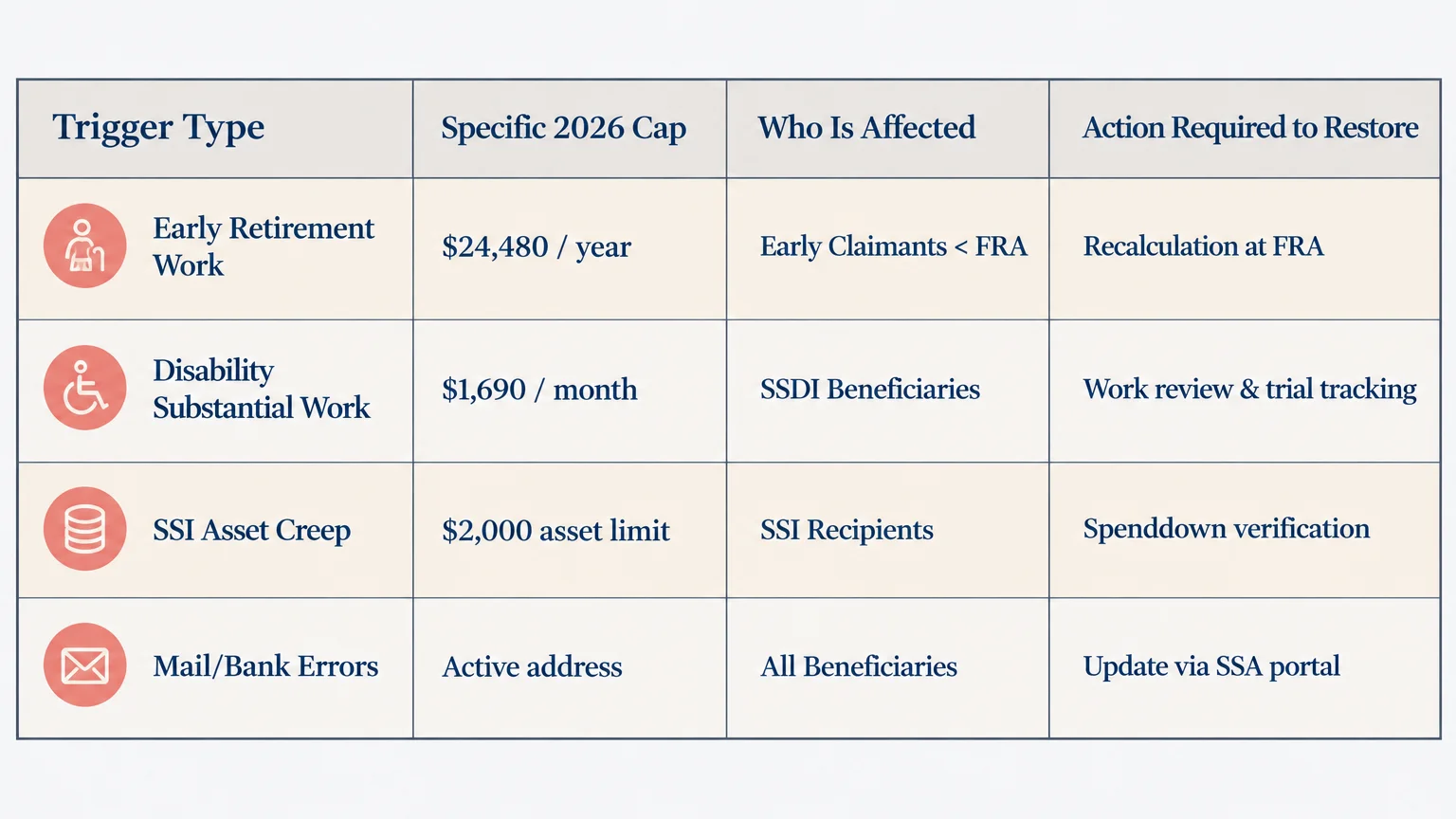 Table listing Social Security benefit interruption triggers, 2026 caps, affected recipients, and actions required to restore.