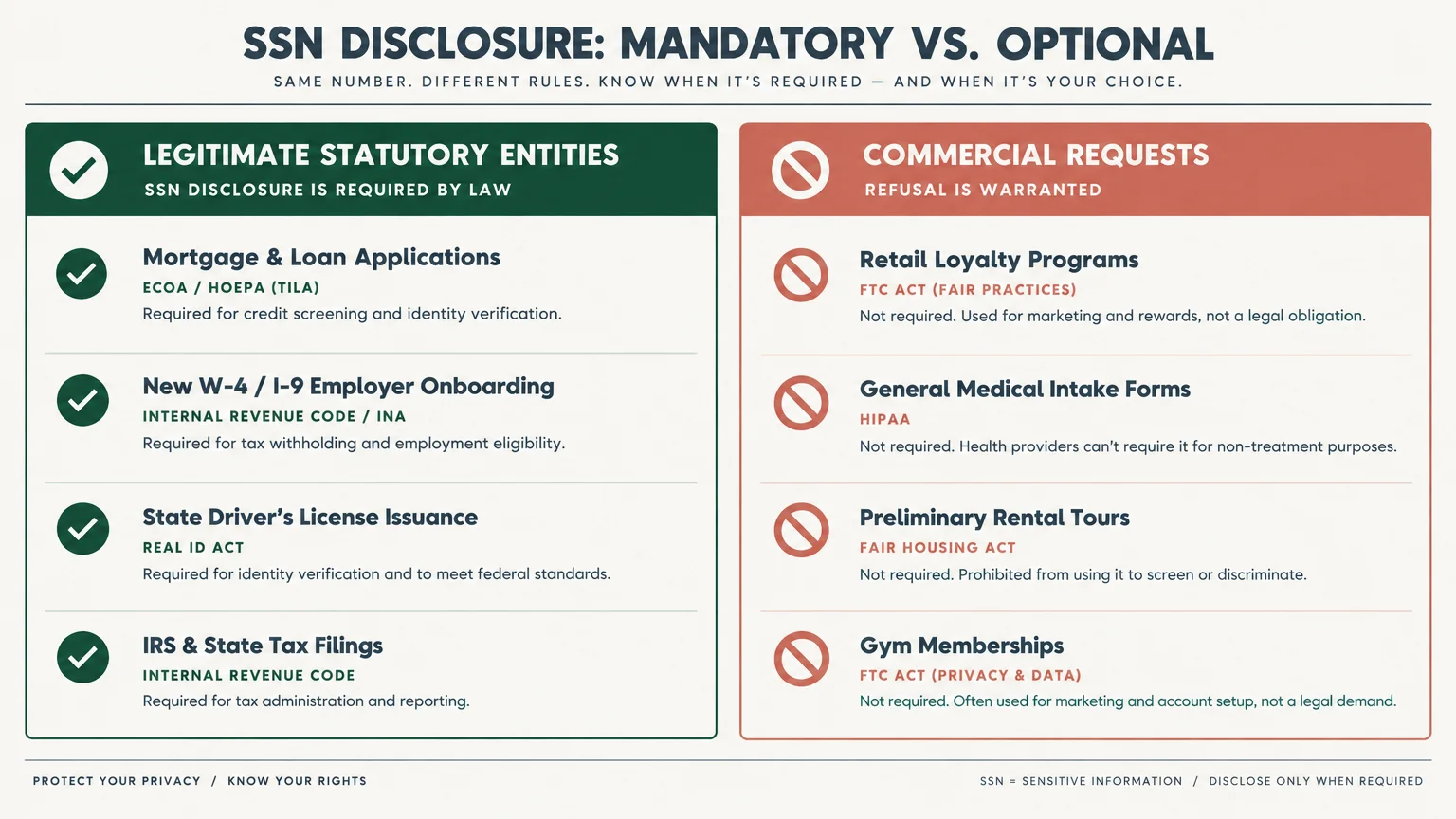 Chart comparing legitimate statutory entities requiring SSN disclosure by law with commercial requests where refusal is warranted.