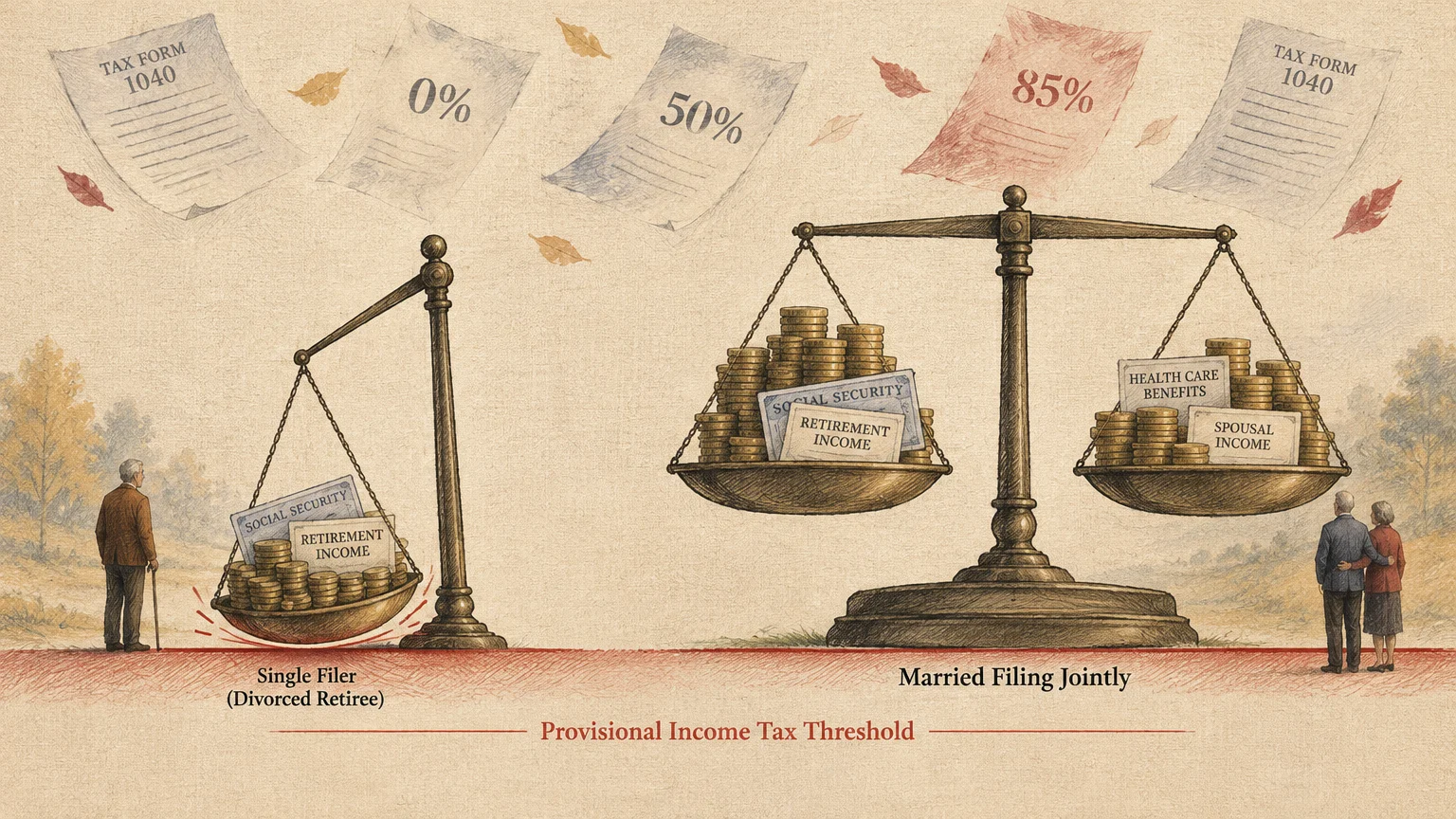 Illustration comparing balance scales holding retirement income for a single filer versus a married couple filing jointly.
