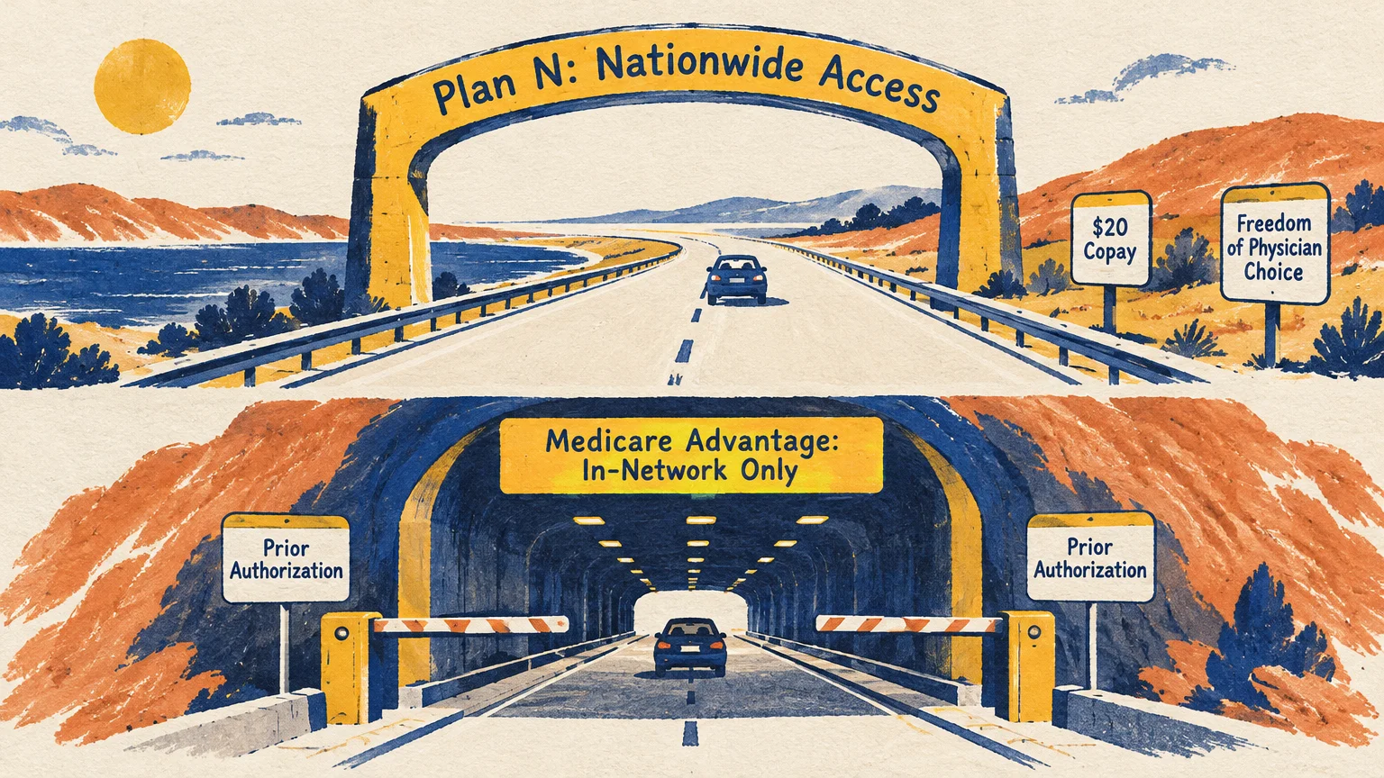 Split illustration contrasting an open coastal highway labeled Plan N with a restricted tunnel labeled Medicare Advantage.