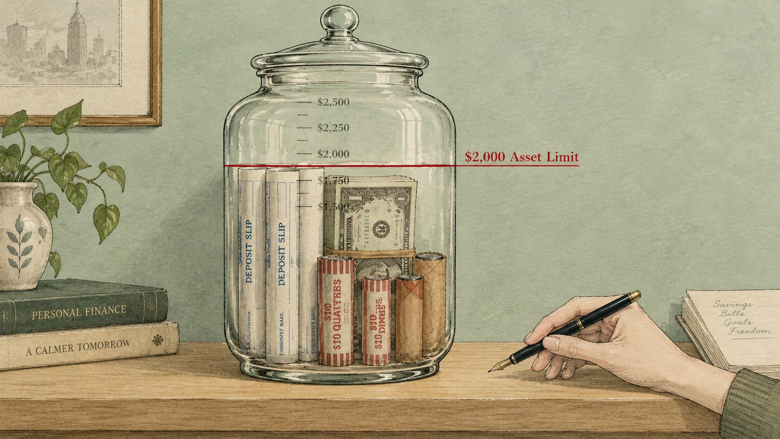 Glass jar marked with a red $2,000 Asset Limit line containing cash, coins, and deposit slips on a desk.