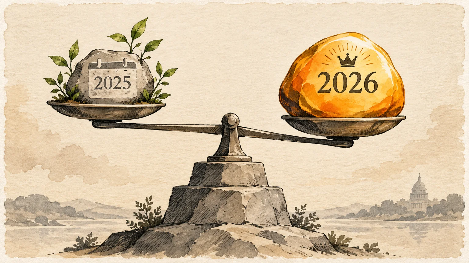 Balance scale weighing a stone labeled 2025 with sprouting plants against a heavy golden stone labeled 2026.
