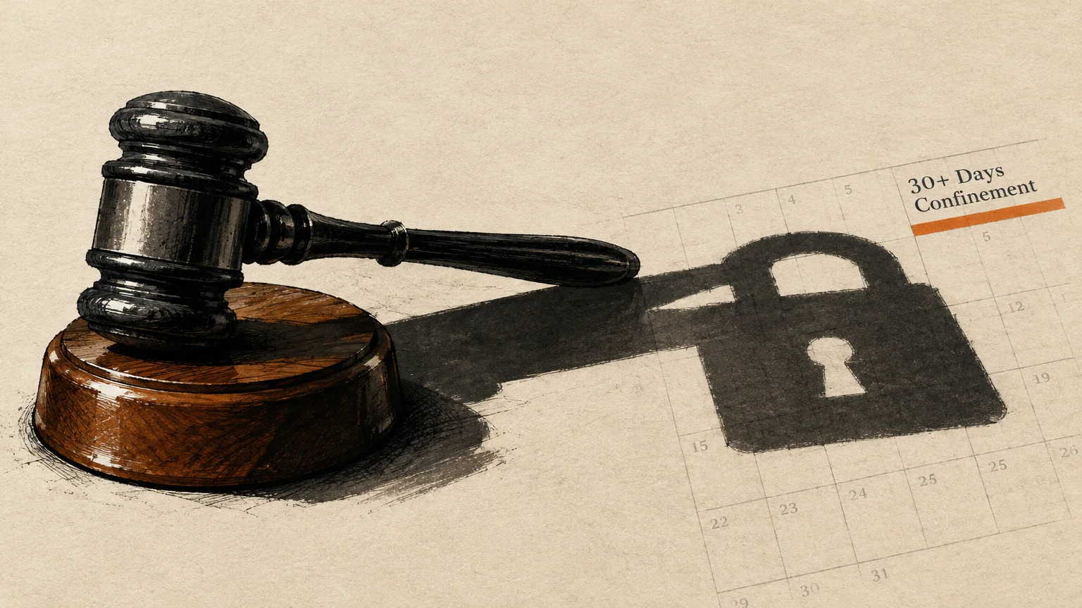 Illustration of a wooden gavel and sounding block casting a padlock shadow across a calendar page.