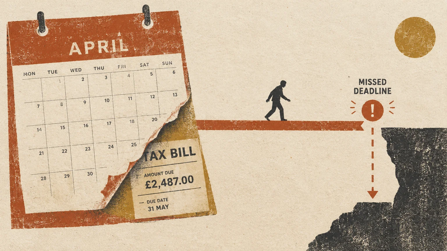 Illustration of a man walking a plank from an April calendar hiding a tax bill toward a cliff labeled missed deadline.