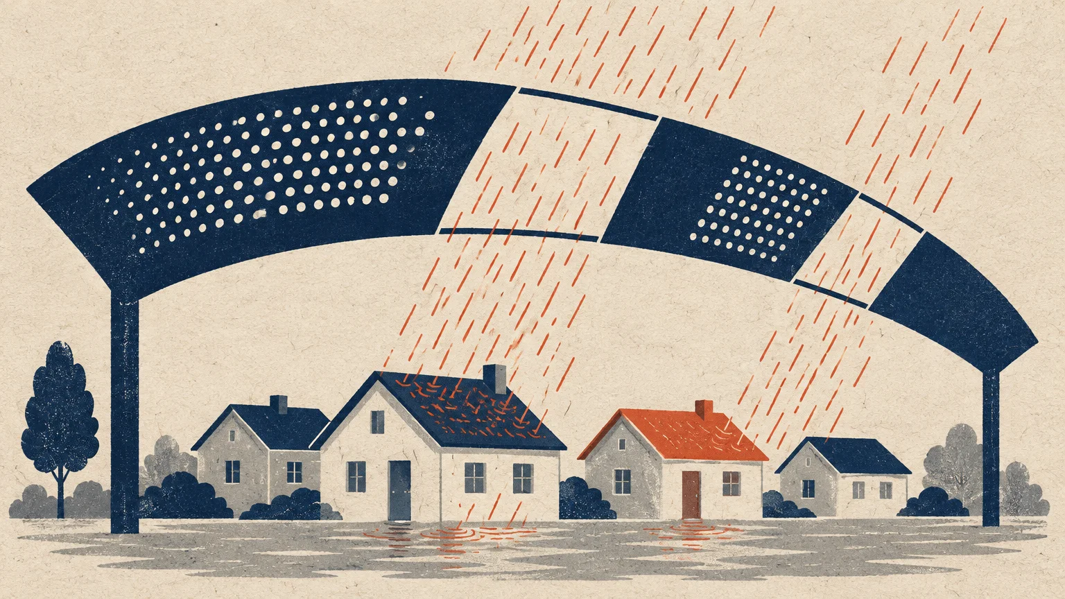 Screenprint illustration of houses beneath a broken shelter canopy letting rain fall through onto the roofs.