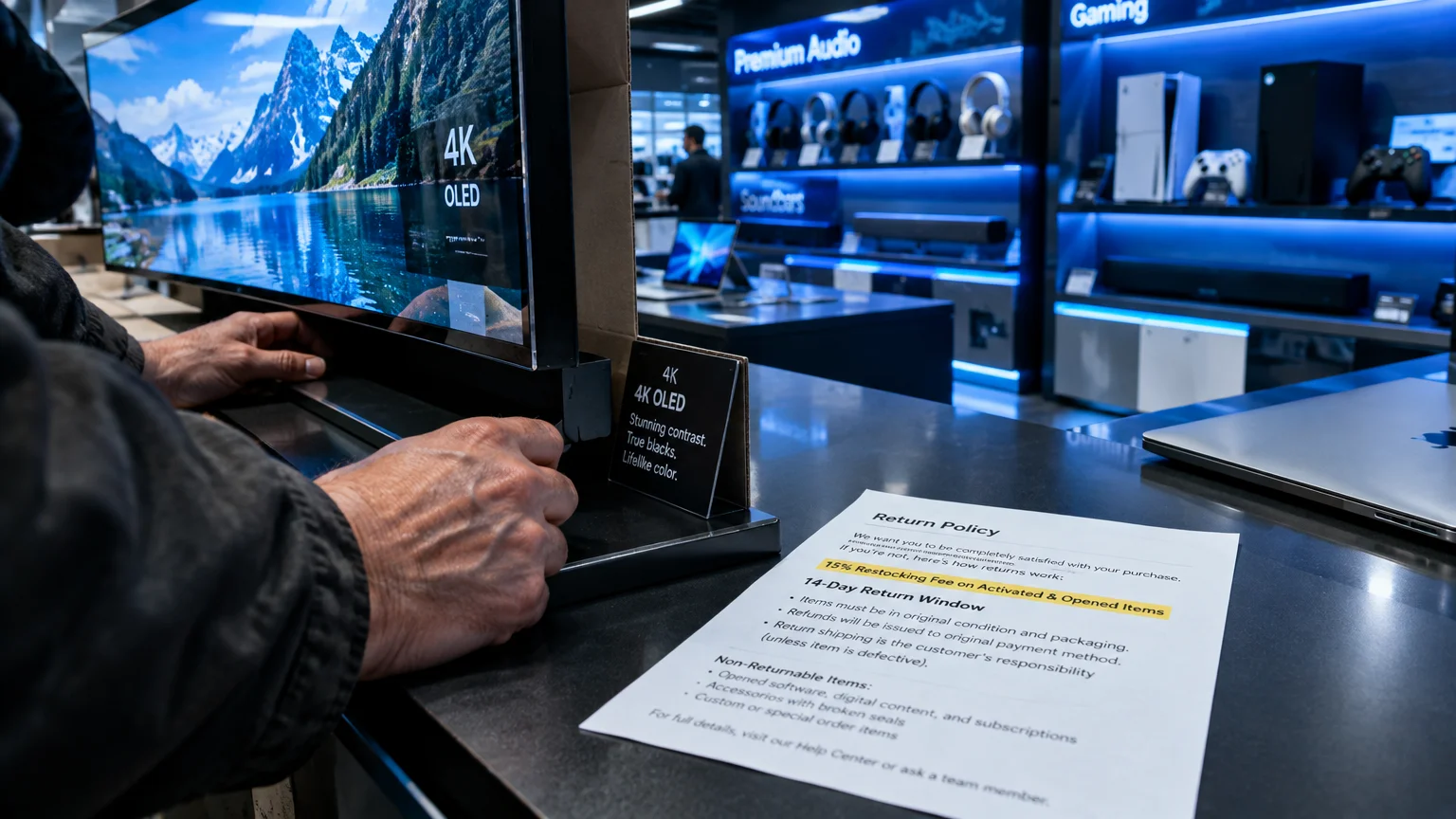 A customer examining an OLED television on a counter next to a printed store return policy document.