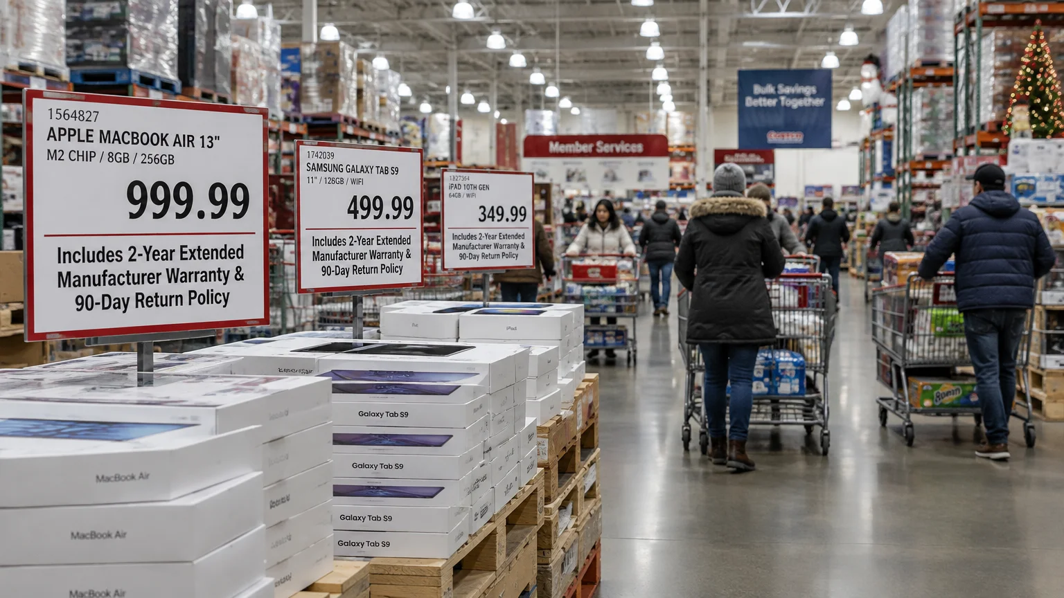 Pallets of boxed electronics with price signs along an aisle filled with shoppers pushing carts in a warehouse club.