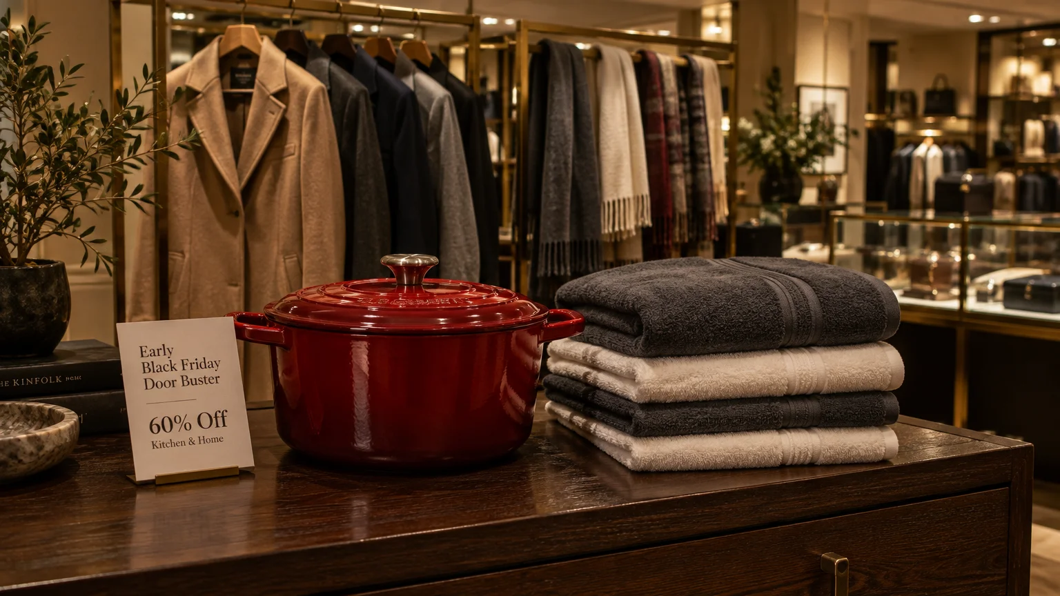 Red cast-iron Dutch oven, folded towels, and a sale sign displayed on a wooden counter in an apparel department store.