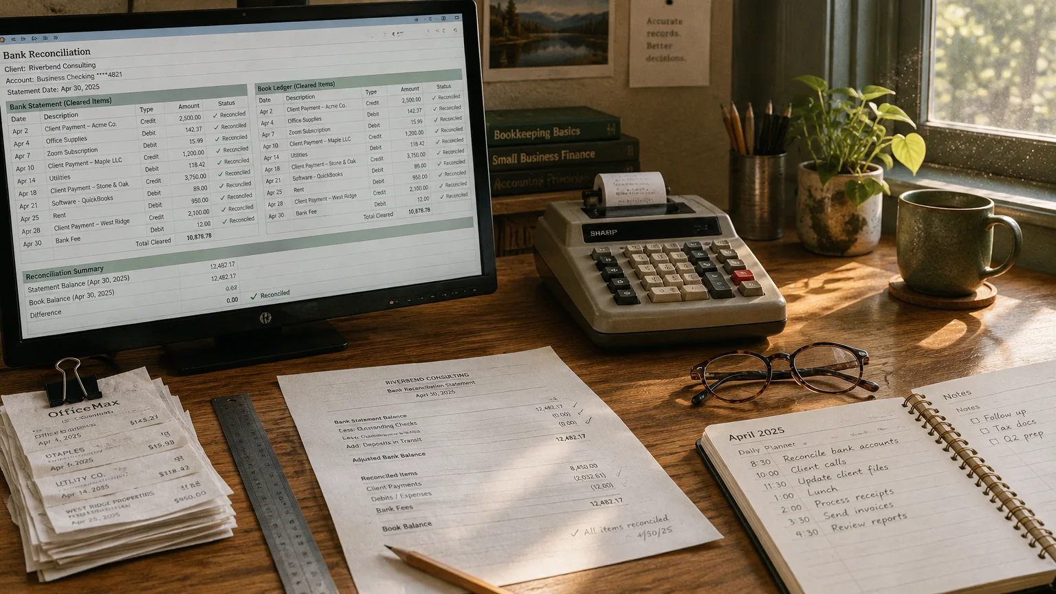 Computer monitor displaying bank reconciliation software on a wooden desk with an adding machine, receipts, and planner.