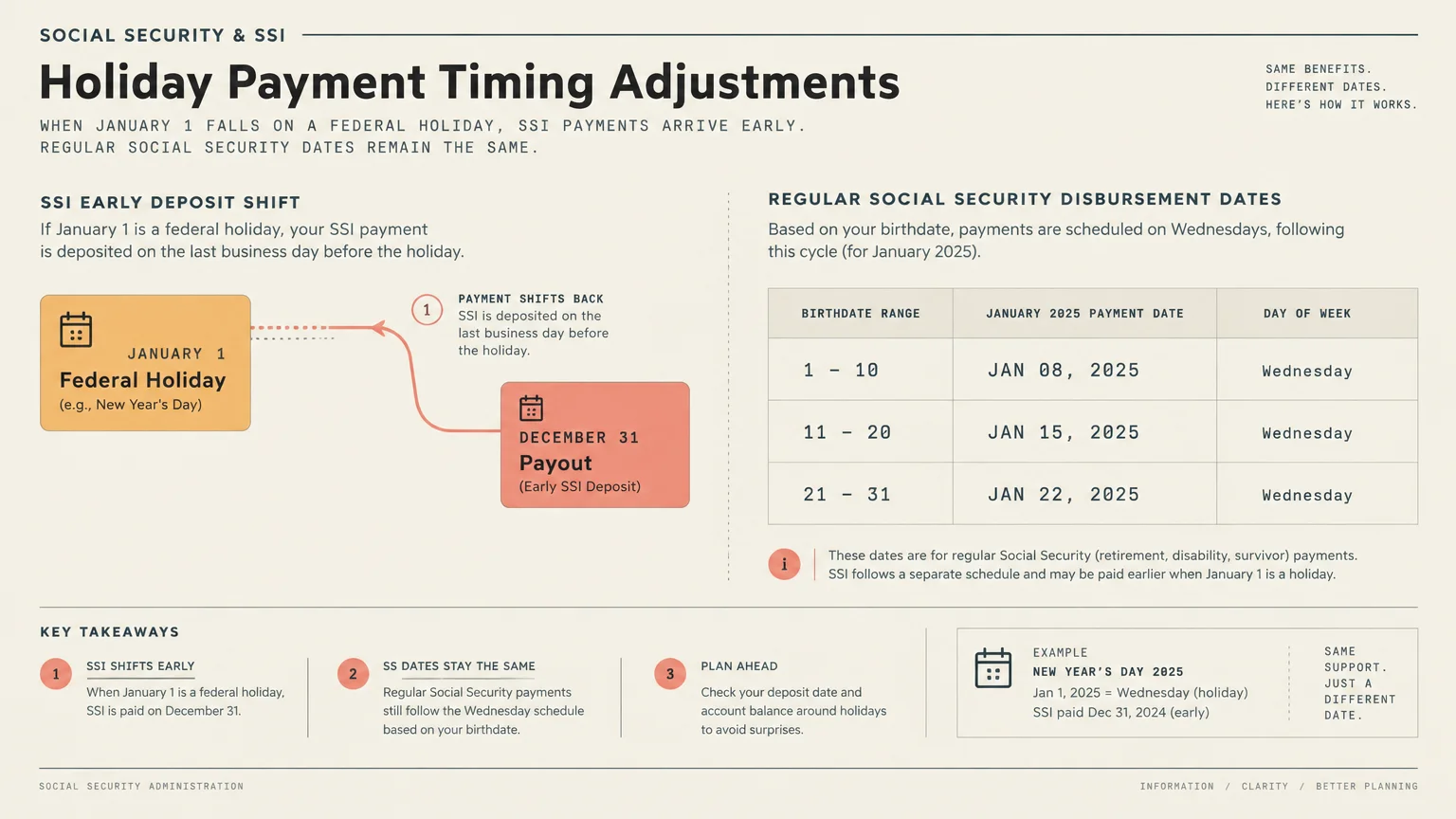 Diagram explaining holiday payment timing adjustments for SSI early deposit shifts alongside regular disbursement dates.
