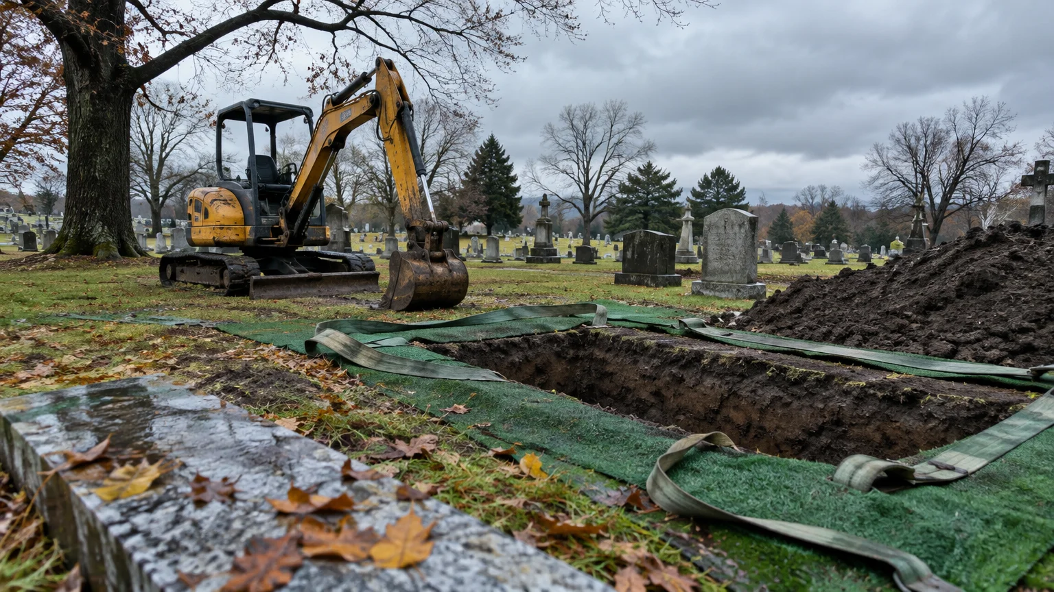 Open grave with lowering straps and a small yellow excavator in a cemetery with gravestones under a cloudy sky.