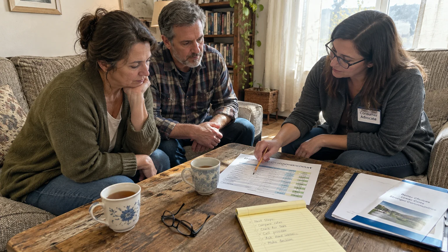 A woman with a consumer advocate badge explains a printed spreadsheet to a couple sitting on a living room sofa.