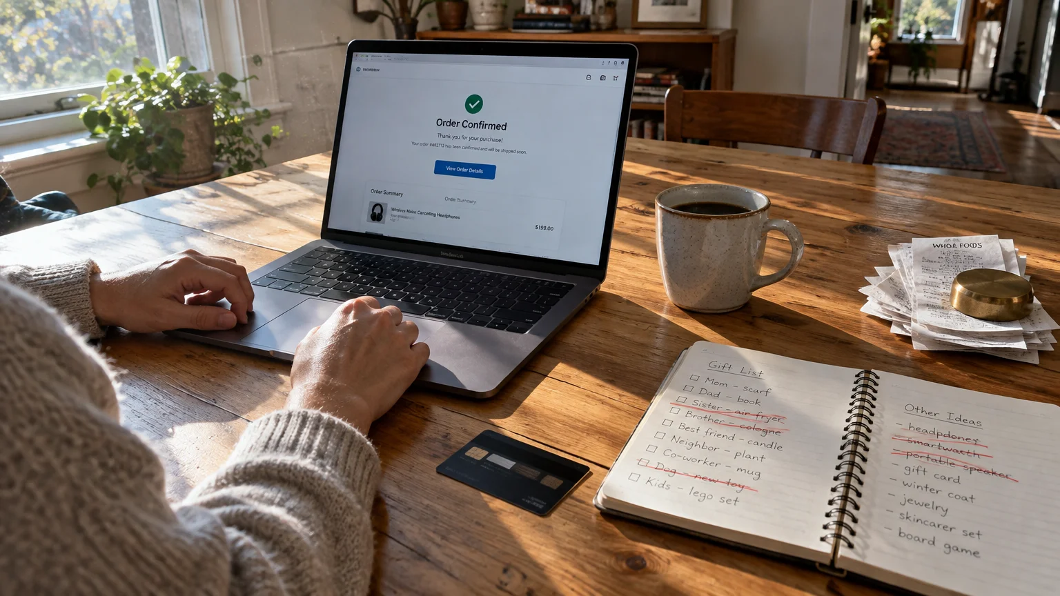 Person using a laptop showing an order confirmation screen beside a handwritten gift checklist, credit card, and mug.